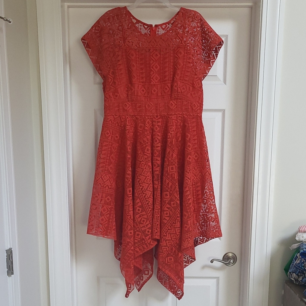 Maeve Red Geometric Lace Asymmetric Hankercheif Hem Midi Dress, Fits Size 10-14